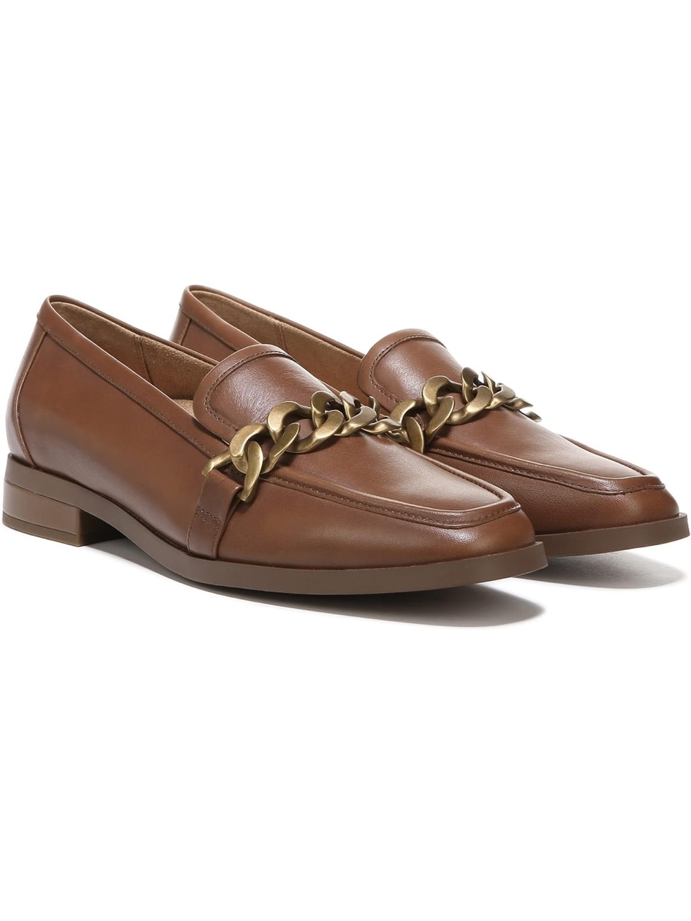 Vionic Brown Leather Loafers with Gold Chain